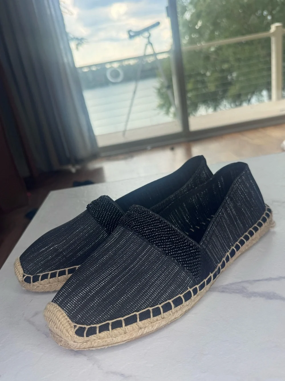 Dana Buchman Black Espadrille Slip On Flats w/ Natural Jute slides Woman’s 8.5